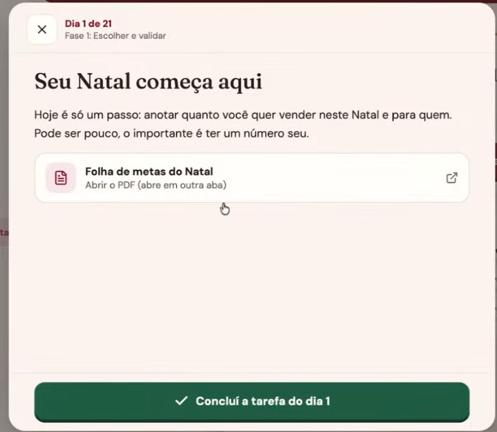 Tela real da mentoria: Seu Natal começa aqui, com a folha de metas e a atividade do dia