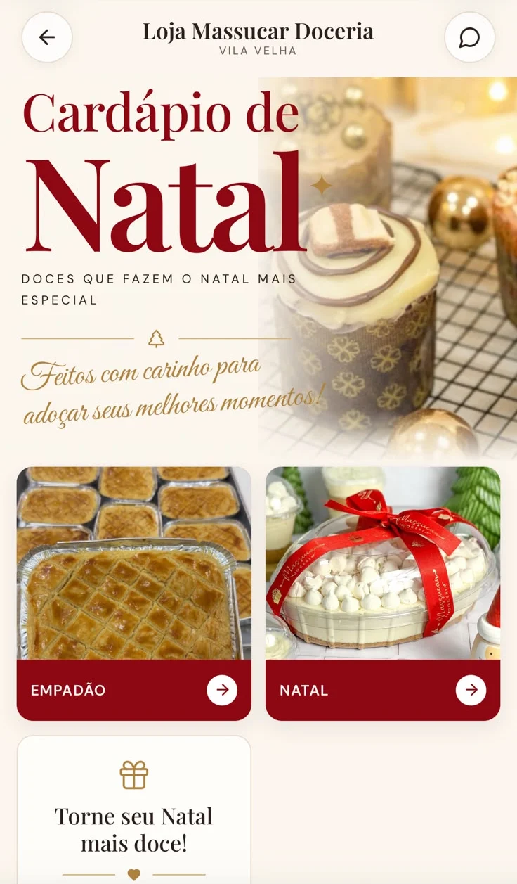 Cardápio real de Natal feito no App Massucar, com fotos e preços dos doces