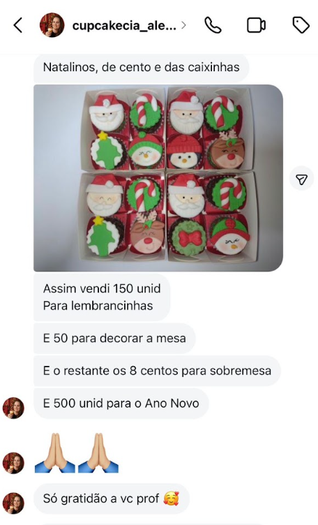 Print original de conversa com aluna, mostrando doces natalinos e suas encomendas para lembrancinhas