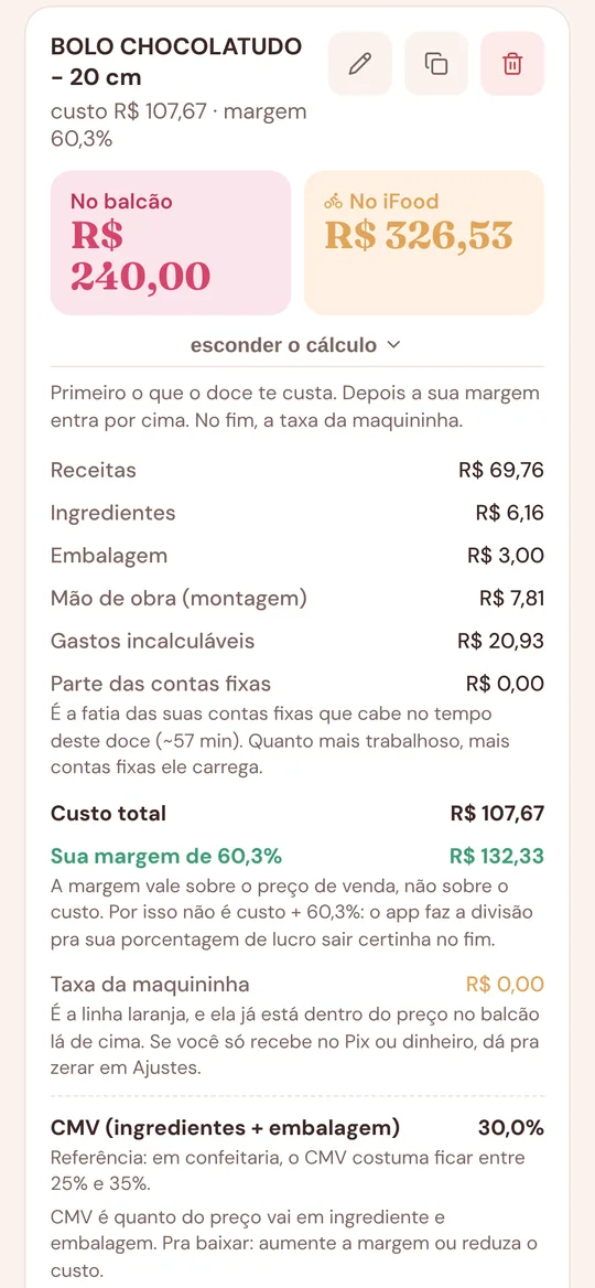 Tela real de precificação do App Massucar, com custos, preço e margem